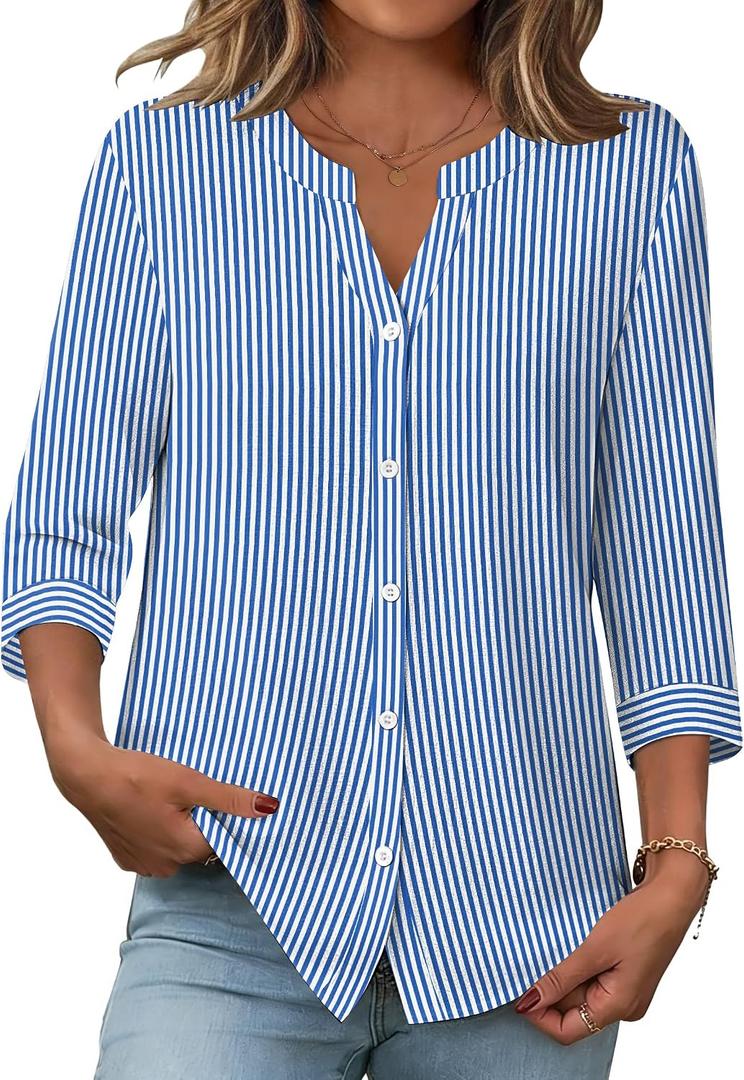 Zeagoo Button Down Shirts for Women 3/4 Sleeve Linen Cotton V Neck Tops Dressy Casual Loose Work Blouses, Size XL