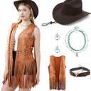 Western Outfits for Women7pcs Fringe Vest Cowboy Hat Cowgirl Costume Tassels Halloween 70s Costume Set. (Small, Brown Geometric)