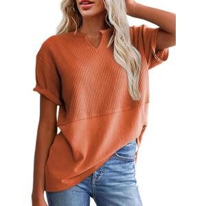 SHEWIN Womens T Shirts Casual Short Sleeve Work Tee Shirt Office Loose Solid Color V Neck Top Cute Tops for Women Fashion 2025, US 16-18(XL), Orange