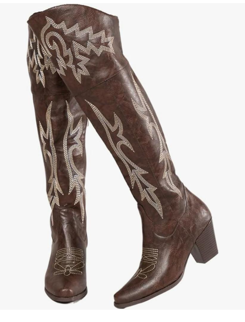 Cowboy Boots for Women Over the Knee Western Boots Embroidery Cowgirl Pull-On Pointy Toe & Wide - Plus Size Retro Comfortable Walking Lightweight Running Standing All Day Trending Fashion, Size 38/7.5
