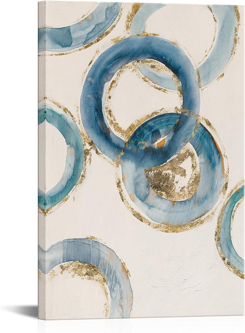 iKNOW FOTO Modern Minimalist Abstract Canvas Wall Art Vertical Watercolor Painting Blue Teal and Gold Framed Artwork for Living Room, Bedroom, Office 24x36 Inches