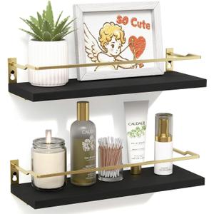 RICHER HOUSE Bathroom Floating Wall Shelf Set of 2 - Guard-Rail Small Wood Shelves for Decor, Over Toilet Storage, Kitchen Organizer - Black Gold