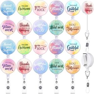 Geyoga 20 Pcs Thank You Badge Reels Retractable Bulk Employee Appreciation Gift with Motivational Quote, Badge Reel for Coworker Teacher Gifts, 10 Styles(Elegant Color,Watercolor)