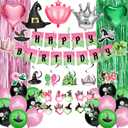 Witch Birthday Party Decorations,Pink and Green Witch Theme Girls Happy Birthday Decorations include Banner, Balloons,Witch Paper Glasses,Foil Curtains,Swirl Decors,and Witches Crown Balloons