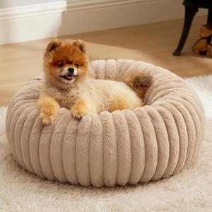Bedsure ComfyFleece Donut Small Dog Bed - Dog Beds for Small Dogs with Corduroy Fleece & Anti Slip Bottom, Round Faux Fur Pet Beds with Washable Removable Cover, Sandy Beige, 23x23x7 inches