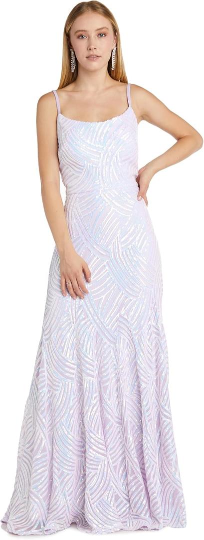 Long Sequin Lace-Up Gown W/Square Neck & Open Back (Pink, 18W)