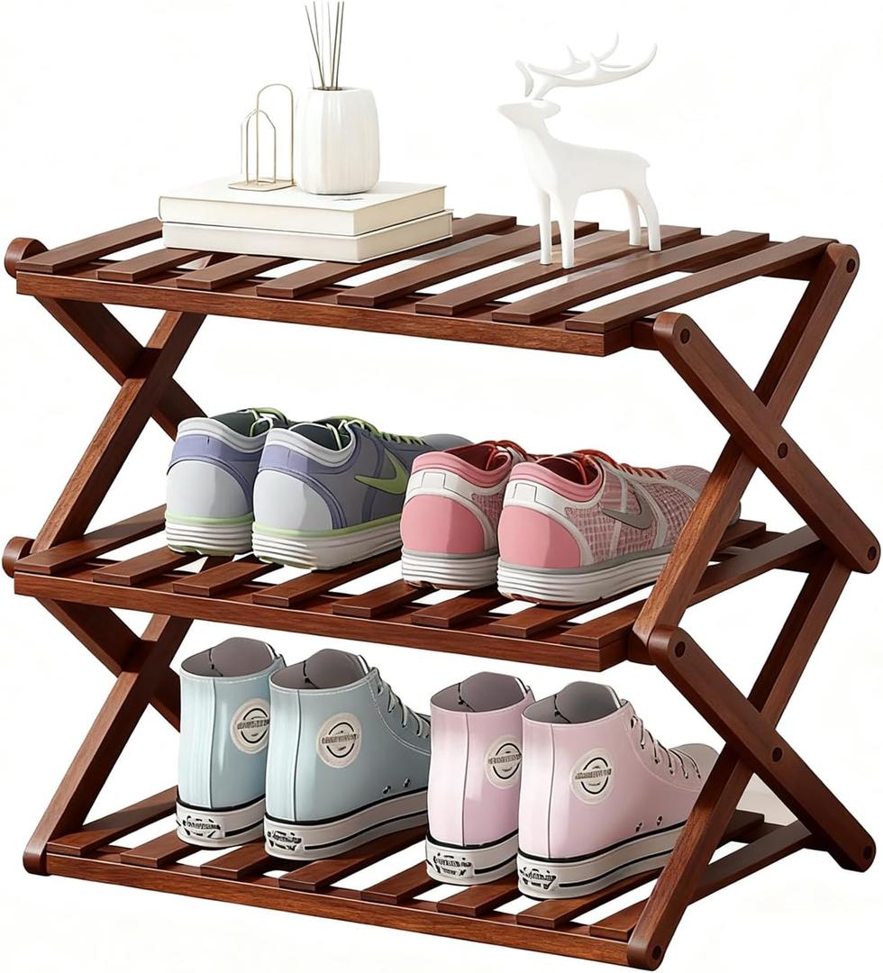3-Tier Bamboo Shoe Rack, Foldable Shoe Storage Organizer for Closet, Bedroom, Entryway & Living Room - Portable No-Assembly Design, Space-Saving for Shoes & Accessories(3 Tier) (Dark Brown)