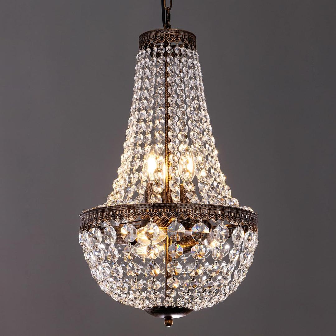 Wellmet 6 Lights French Empire Crystal Chandelier 13 Inch Farmhouse Chandeliers Lighting, Antique Bronze Adjustable Ceiling Pendant Light Fixture for Dining Living Room Bedroom Bathroom Foyer