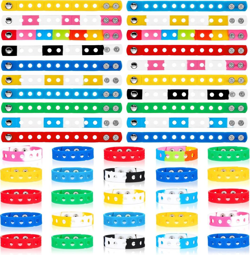 Aoriher 60 Pcs Silicone Charm Bracelets for Kids Operation Christmas Gifts for Child Bulk 7 Inch Rubber Wristband Adjustable Bracelet with Holes for Boy Girl (10 Colors)