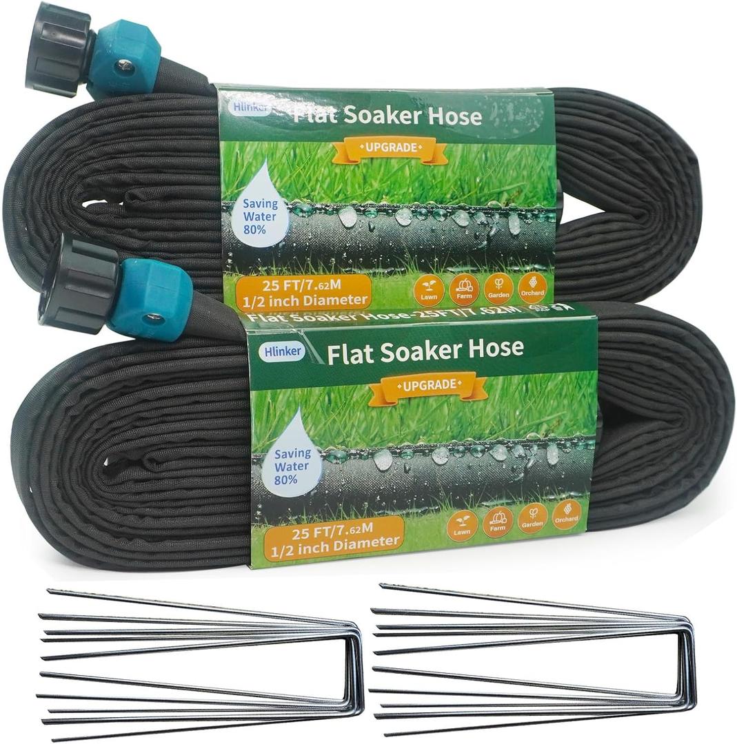 2025 Flat Soaker Hose 50 ft (25ft 2Packs) with Stake for Garden, Linkable Drip Hose Diy Automates Garden Irrigation System Saving 87% Water, Dual-layer Leak-free Design Water Hose with Holes