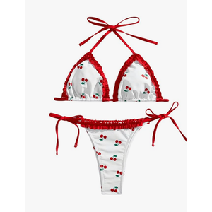 MakeMeChic Women's 2 Piece Bikini Set Cherry Halter Backless Ruffle String Cute Bathing Suit, Size Small