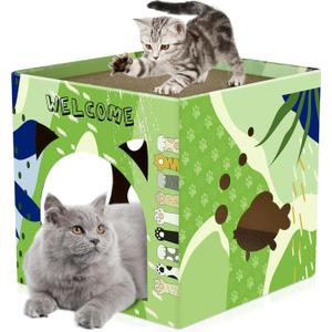 Bissap Cat Cardboard House, Large Thickened Play House with 2 Story Scratch Pads Bed Scratching Lounge for Indoor Cats Kittens Breathable Cube Shelter Corrugated Scratcher Box Toy