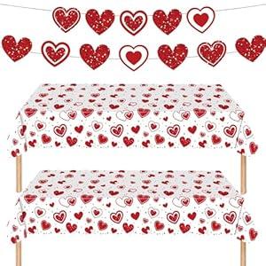 Qpout Valentine's Tablecloth Set with Banner, 2 Heart Pattern Disposable Plastic Table Covers and 1 Happy Valentine's Day Banner for Romantic Decor, 54x108Inch