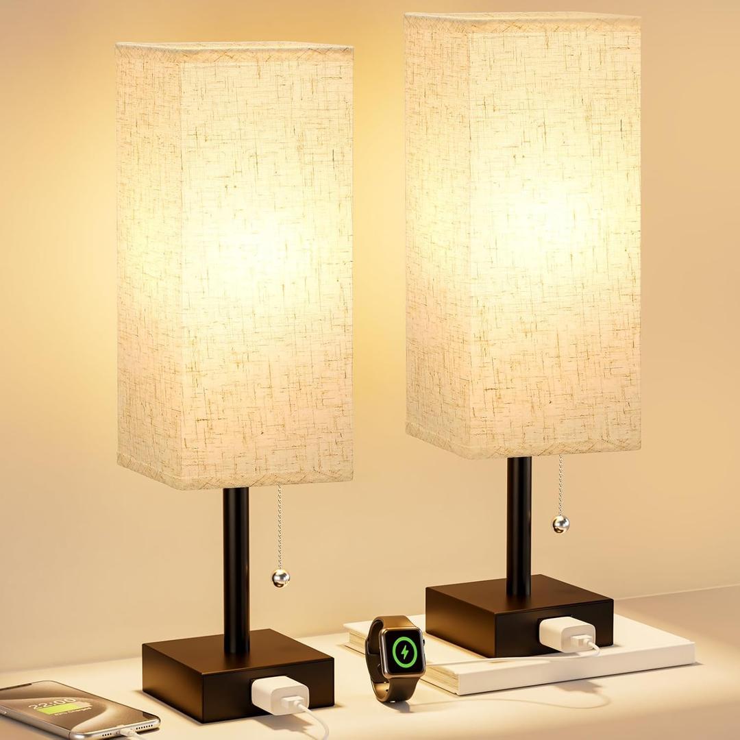 Juego de 2 lmparas de mesita de noche para dormitorio, pequea lmpara rectangular con puerto de carga de salida de CA, luz de escritorio de 3 temperaturas de color con bombilla, lmpara de lectura (Crema)