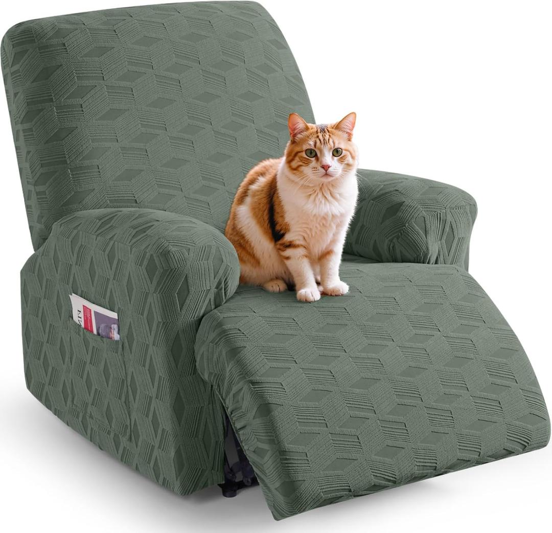 TAOCOCO Recliner Cover 3 Pieces Recliner Chair Covers, Stretch Jacquard Reclining Chair Cover, Furniture Protector Sofa Slipcovers Couch Covers with Elastic Bottom for Kids, Pets (Bean Green) (1 Seater)
