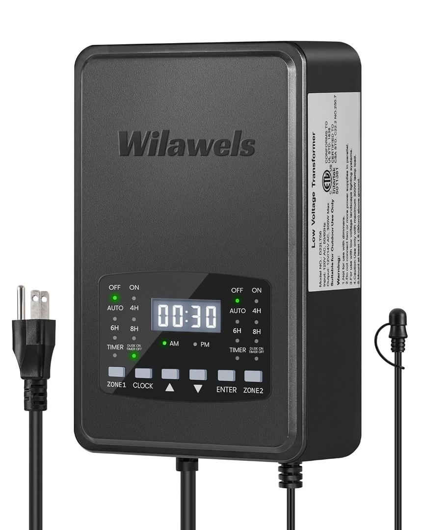 WILAWELS 300W Low Voltage Landscape Transformer, 2 Zone Independent Control Landscape Lighting Transformer, 120VAC to 12/14V AC Low Voltage Transformer with Timer & Photocell Sensor ETL Listed D22LT06
