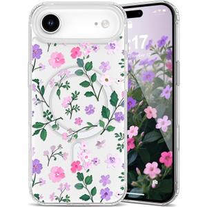 EYZUTAK Magnetic for iPhone Air Case, Pretty Flower Clear Case, Pink Purple