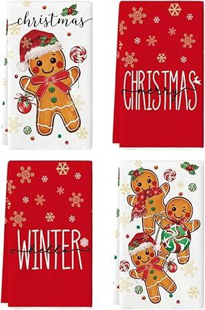 Artoid Mode Gingerbread Candy Merry Christmas Kitchen Towels Dish Towels, 18x26 Inch Holiday Holly Xmas Ball Winter Decoration Hand Towels Set of 4