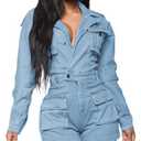 SheKiss Denim Romper for Women 2026 Long Sleeves Cute Jean Jumpers Outfits Blue Button Jumpsuit Shorts No Size