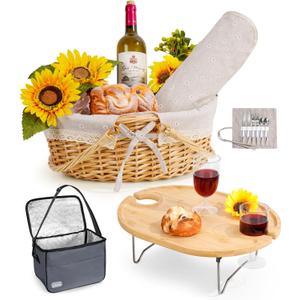 Picnic Basket for 2 with Table and Blanket, Collapsible Cooler Bag Insulated, Picnic Set for Beach Picnic Hamper Picnic Date Essentials for Outdoor Picnic Accessories Bridal Shower Gift (Grey Lining)