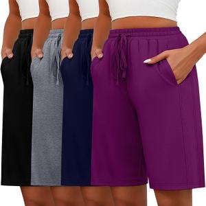 Huukeay 4 Pack Bermuda Shorts for Women Drawstring Elastic Waist Sweat Cotton Wide Leg Long Shorts (X-Large, Black, Light Gray, Navy Blue, Fuchsia)