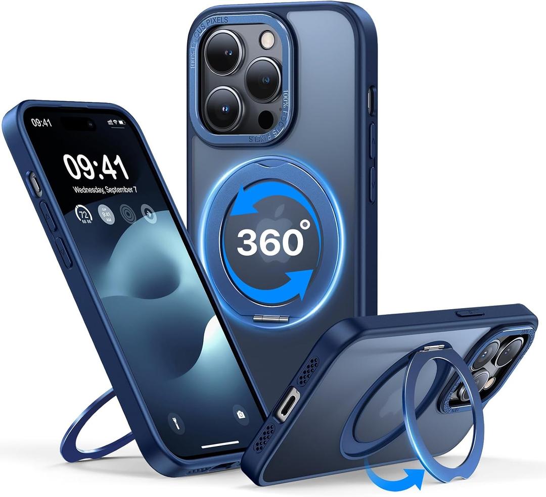 QTlier case for iPhone 14pro, 360 Rotatable Ring Stand, Raised Camera Frame, Shockproof with MagSafe Blue
