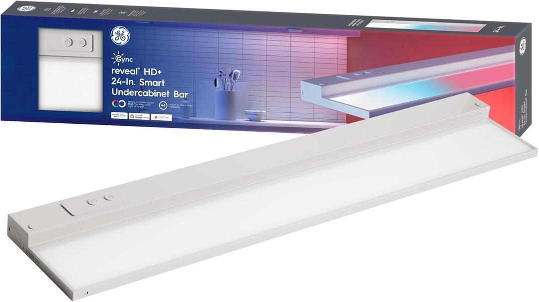 GE Cync Reveal HD+ Smart Undercabinet Light Fixture, 24-in Bar, Color Changing, Wi-Fi, Alexa, Google Home Compatible, Kitchen, White, 1500 Lumen