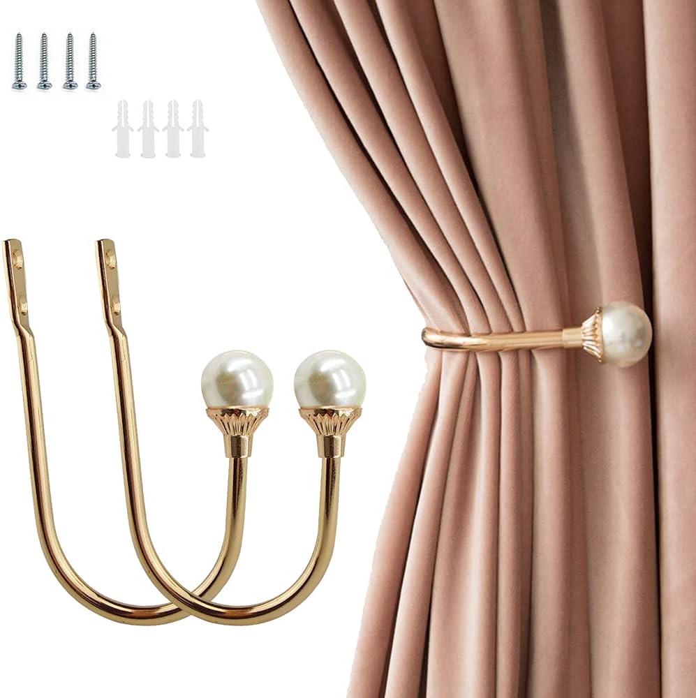 2 Pack Curtain Holdbacks Wall Mounted Curtain Tiebacks Hooks Plastic Pearl U Shape Curtain Tiebacks with Screws Curtain Ties for Home Office-Gold