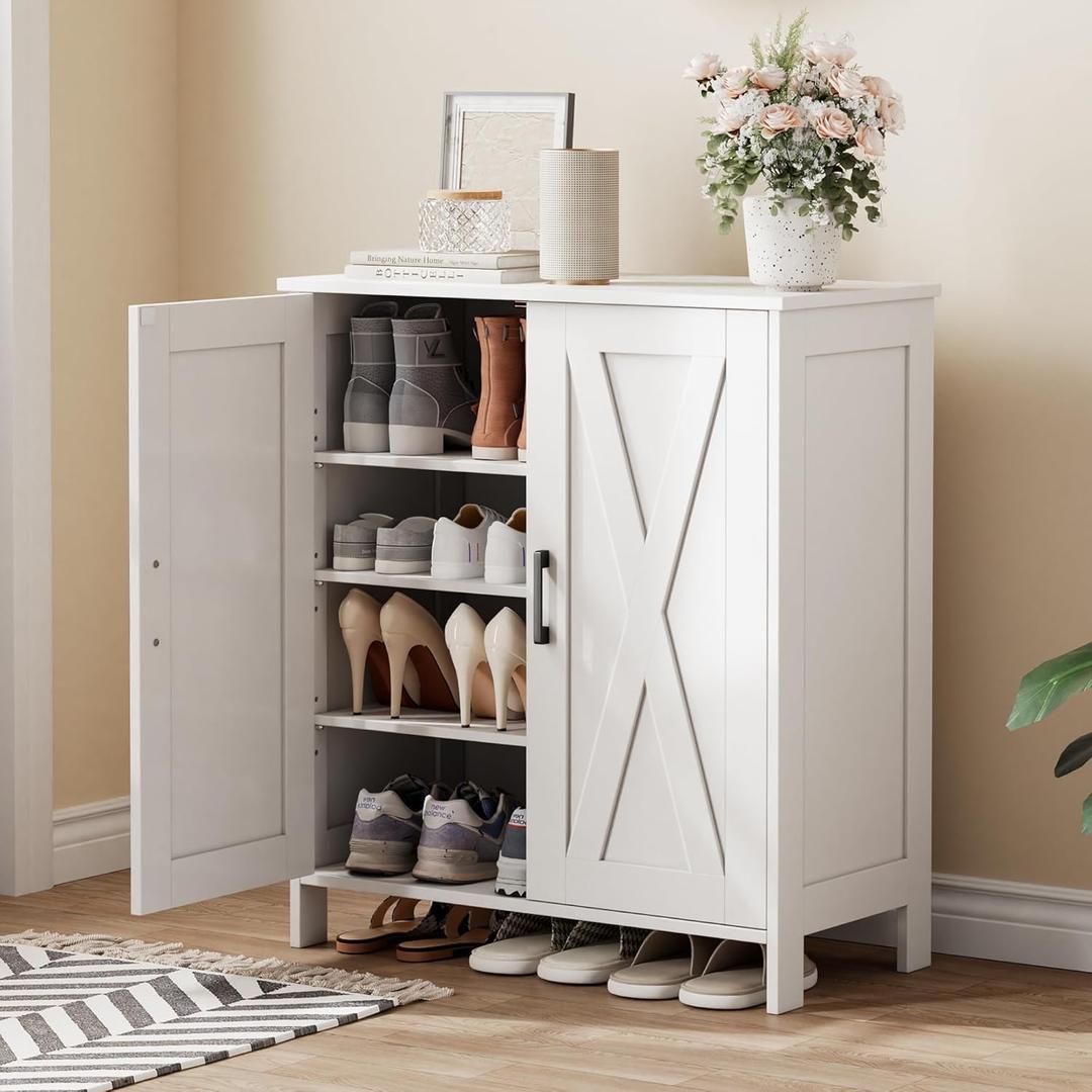 Homleke Farmhouse Shoe Cabinet with 2 Barn Doors & Wood Legs, 5-Tier Shoe Storage Cabinet with 3 Adjustable Shelves, Tall Shoe Rack Organizer for Closet, Shoe Organizer for Entryway, Hallway, White, 13.8"D x 27.6"W x 31.5"H