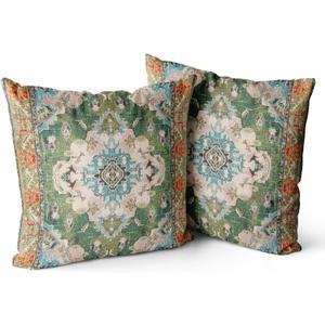 Boho Throw Pillow Covers 18x18 inch Set of 2 Boho Rug Carpet Double Sided Pattern Cotton Soft Pillow Case Cushion Cover Pillowcase for Couch Sofa Bed Decorative (Green)