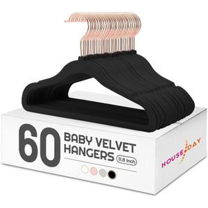 HOUSE DAY Velvet Baby Hangers for Closet, Kids Hangers Velvet 60 Pack, Non Slip Toddler Hanger 11.8 Inch, Durable Childrens Hanger for Newborn Baby Clothes- Black