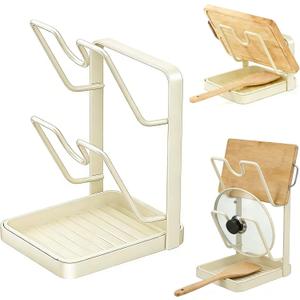 Pot Lid Holder,304 Stainless Steel Pot Lid Holder While Cooking,Kitchen Pot Lid Storage Rack, Removable Drip Tray, Multifunctional Kitchen Organizer Stand for Countertop (White, Double-layer)