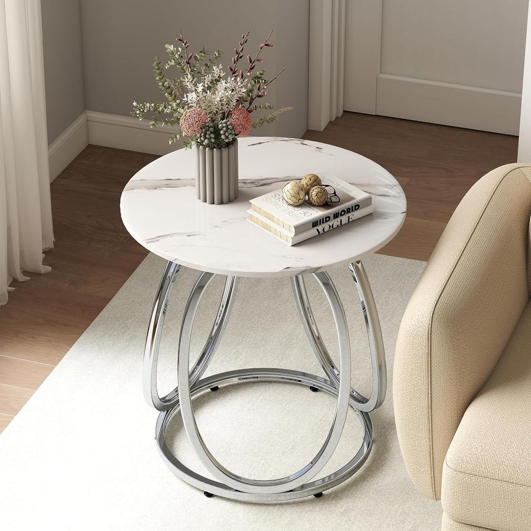O&K FURNITURE Silver End Table, Round Side Table with Faux Marble Veins, Modern Nightstand for Bedroom, Living Room, Home Office, 1PC, Round, 23.62-inch diameter, 25-inch height