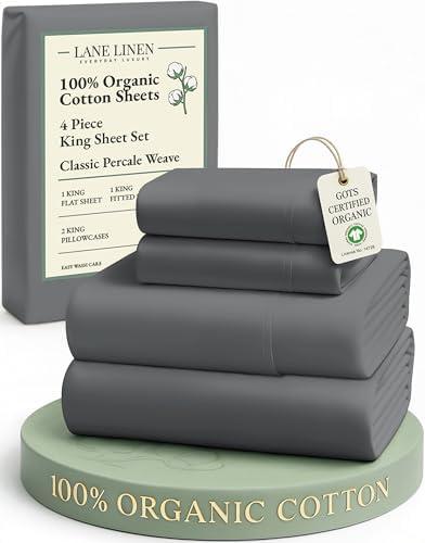 LANE LINEN 100% Organic Cotton Sheets King Size Machine Washable Fully Elasticized Soft & Comfy Mercerized Sustainably Produced All Season Eco Friendly Cotton Sheets sábanas King- Charcoal
