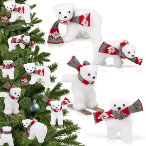 4 Pcs Polar Bear Christmas Decorations White Flocked Animal Christmas Ornaments with Scarf, Animal Ornaments for Christmas Tree Holiday Home Decor Gift
