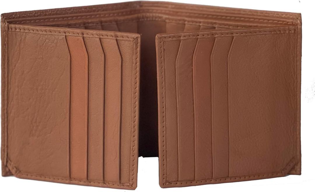 Bullz Genuine Nappa Cow Leather Thick Dual Credit Card ID Flap Quad Fold Large Bifold Mens Wallet Passcase RFID (Tan)