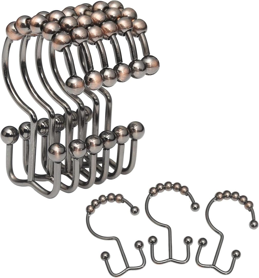 Shower Curtain Rings, OEH Shower Curtain Hooks, Rust-Resistant Metal Shower Hooks for Curtain, Double Glide Bronze Shower Curtain Hooks for Bathroom Shower Curtain & Shower Liner, Set of 12, Bronze