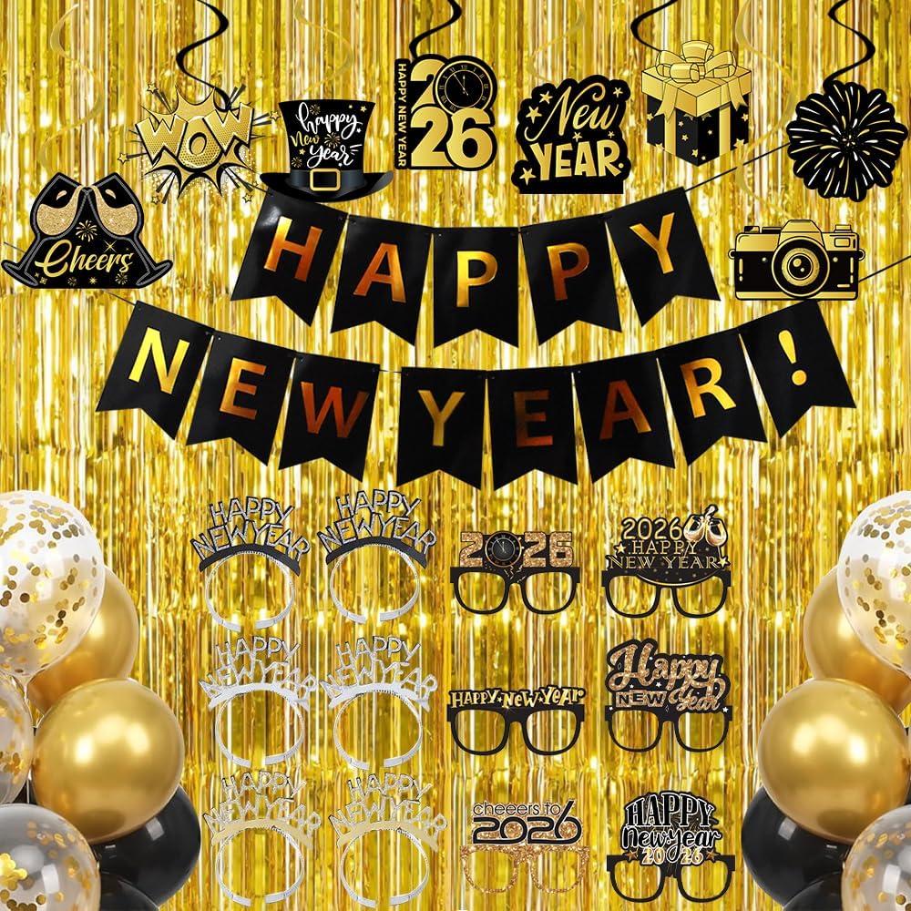 New Year Eve Party Supplies 2026, Happy New Year Decorations Banner Headbands Glasses Hanging Swirl 2026 Foil Balloons Gold Fringe Curtain for NYE Decorations