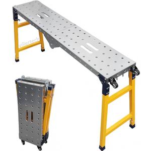 Villertech Folding Scaffolding Platform 1100 Lbs Height Adjustable Anti Slip Steel Step Ladder Stool with Galvanized Coating Anti-Slip Feet for Construction Car Washing Roof Snow Removal（59" Wide）
