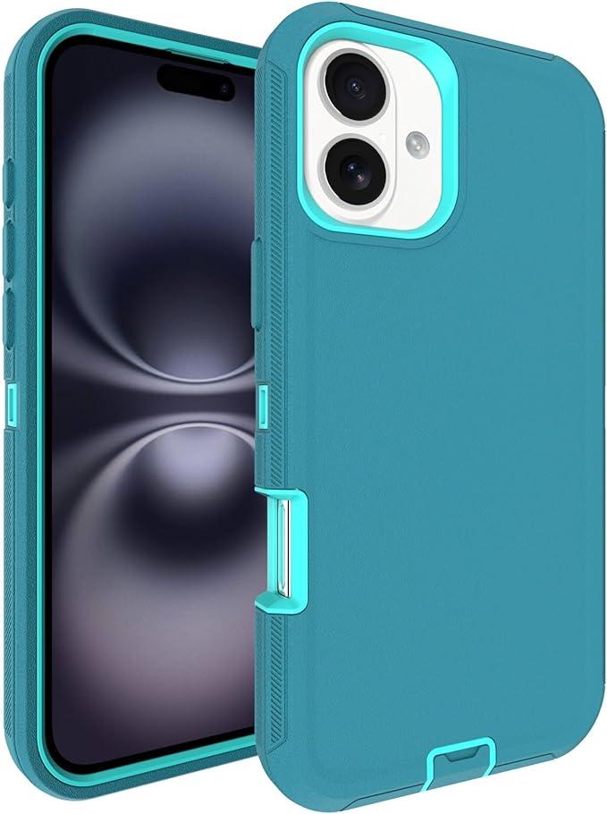 for iPhone 16 Case, 3-Layer 16ft Drop Protection, with Dustproof Port Cover, Full-Body Shockproof Heavy Duty Protective Phone Case for iPhone 16, Teal