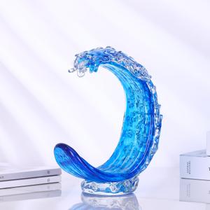 Blue Glass Beach House Decor - Hand Blown Glass Ocean Wave Sculpture, For Coastal Nautical Office Surfers Gifts