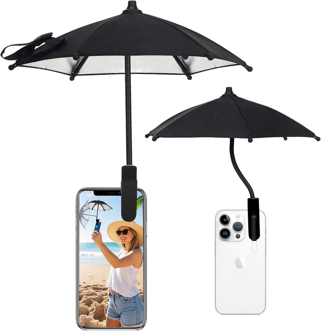 Mini Clip-on Phone Umbrella for Sun Flexible Adjustable Handle, Cell Phone Umbrellas Sun Shade Protects from Sunlight and Glare, Universal Fit for All Smartphones, Black