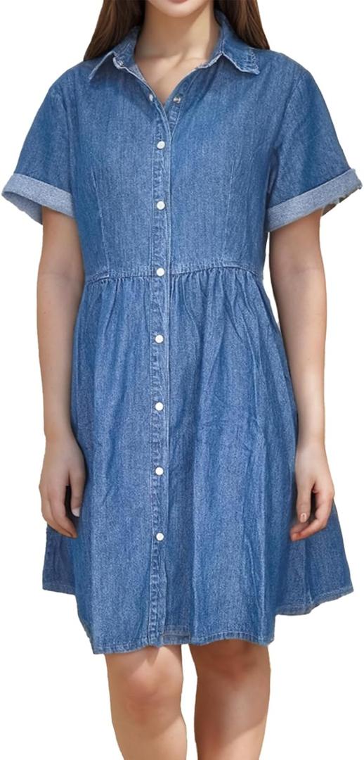 Denim Dress for Women Short Sleeve Button Down Jean Dresses Womens Casual Babydoll Denim Dresses with Pockets (Medium, Snap /a Blue)