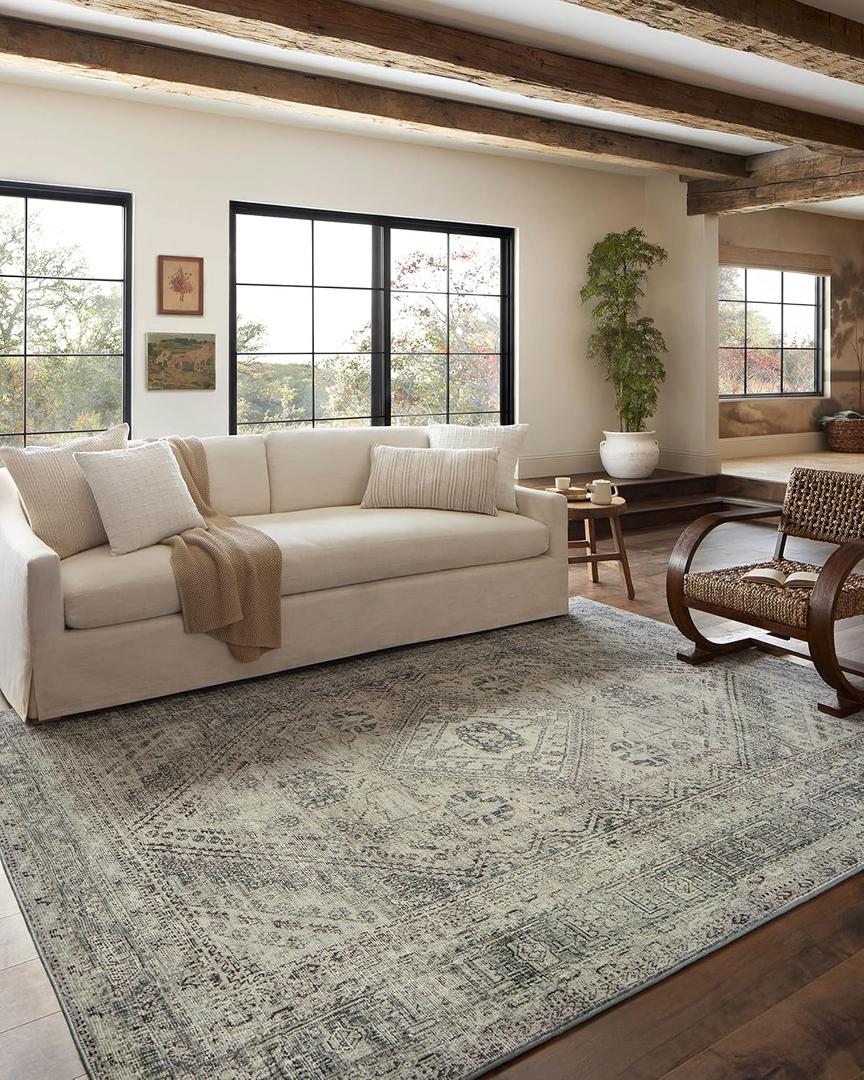Loloi Magnolia Home by Joanna Gaines Sinclair Collection SIN-04 Natural/Sage 8'-6" x 11'-6", .25" Pile Height, Machine Washable, Area Rug