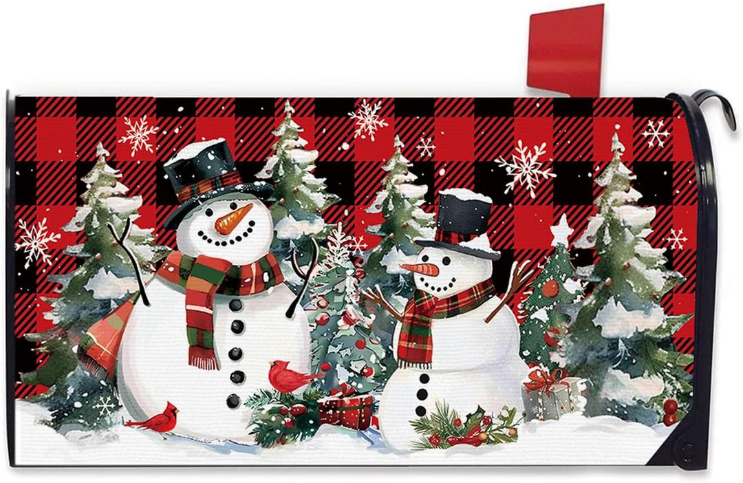 Christmas Snowman Mailbox Cover Magnetic Standard Size 20.5" x 18", Xmas Tree Buffalo Plaid Cardinal Decorative Post Letter Box Wrap Decor, Winter Holiday Garden Yard Outdoor Decoration