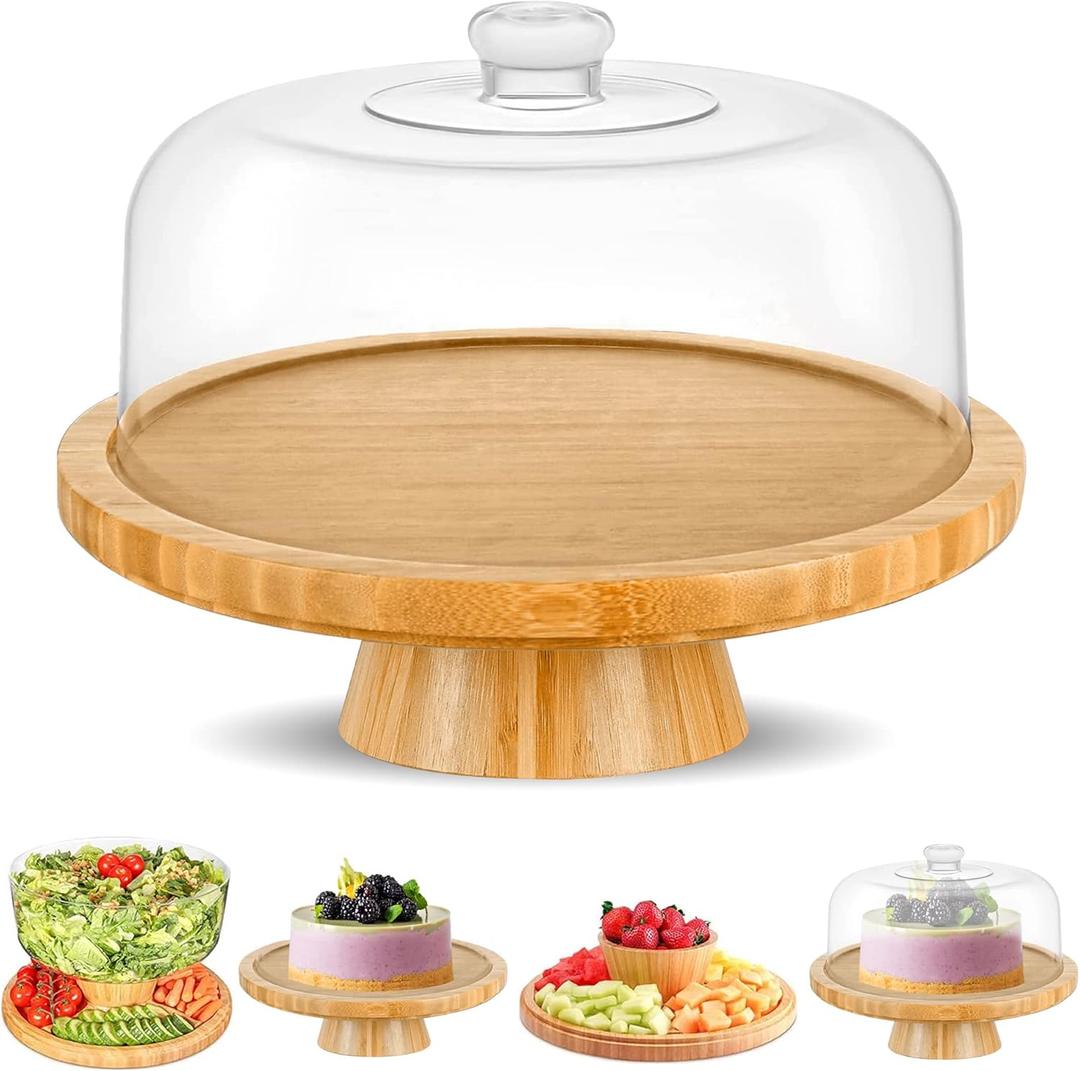 CHEF'S UNIQUE 6-in-1 Bamboo Cake Stand with Dome  Multifunctional Serving Platter, Punch Bowl, Salad Bowl, Chip & Dip Tray, Dessert Display with Clear Acrylic Cover