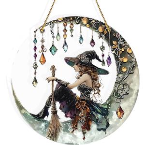 Charming Moonlight Witch Acrylic Stained Glass Window Hanging Suncatcher Panel Stunning Wall Art Decor & Witchy Ornament for Home Friends and Family (Moonlight Witch Design)