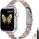 MioHHR Slim Metal Band Compatible with Apple Watch Band 42mm(Series 10) 41mm 40mm 38mm,Dressy Stainless Steel Chain Strap for Women iWatch Bands Series 9 8 7 6 5 4 3 2 1 SE,Silver/Rose Gold