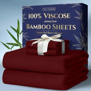 DECOLURE 100% Viscose Derived from Bamboo Sheets King Size 4pcs - Ultra Soft & Luxuriously Cooling, 17" Deep Pocket, Double Stitching, Perfect for Hot Sleepers - King Bed Sheets (Burgundy)