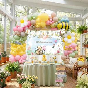 Winnie Balloon Arch Kit with Arrow Signs Banner backdrop Bee daisy Balloon for Classic Bear theme Decorations pink and Yellow Balloons for Honeycomb Bear Birthday Decorations girl Baby Shower supplies